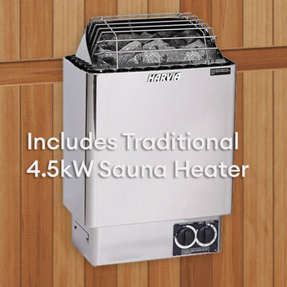 Harvia sauna heater mounted on a wooden wall with text indicating 4.5kW power.