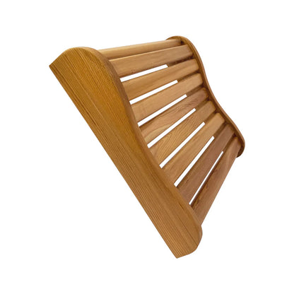 Wooden shower seat with slatted design on a white background