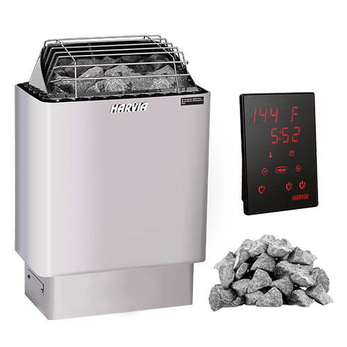 Harvia sauna heater with digital controller and stones on a white background