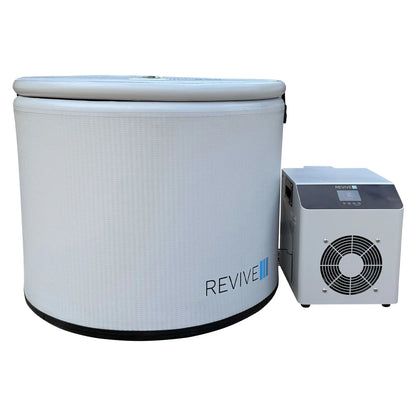 Round white plunge with 'REVIVE' branding next to a smaller control unit on a white background