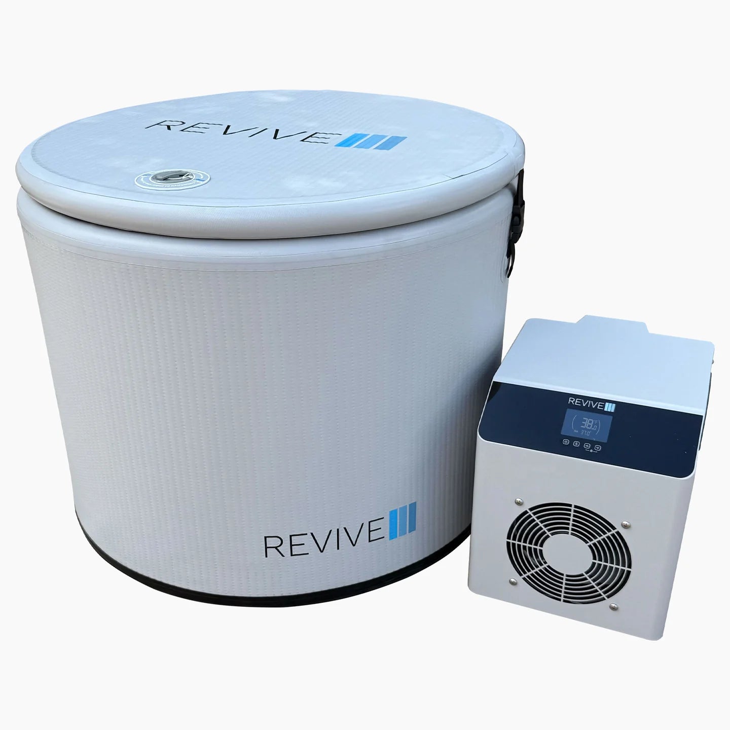 White 'REVIVE' plunge with a temperature control unit on a white background
