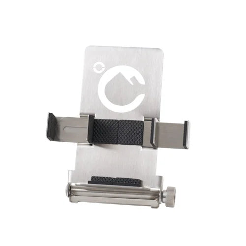 Stainless steel phone holder with 'ICETUBS' branding on a light gray background