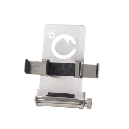 Stainless steel phone holder with 'ICETUBS' branding on a light gray background