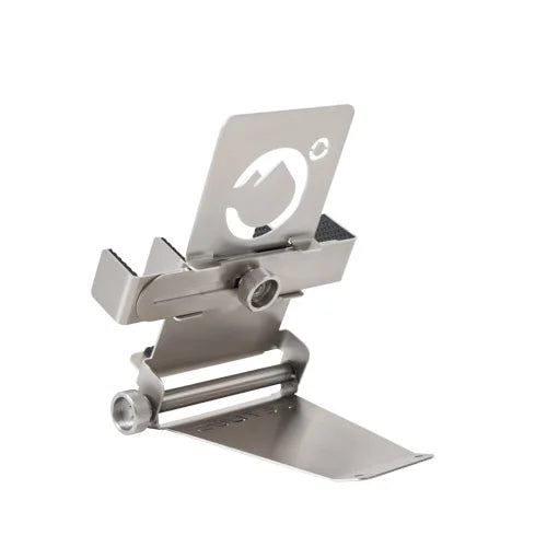 Stainless steel phone holder with 'ICETUBS' branding on a light gray background