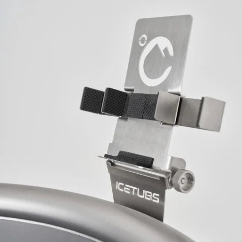 Stainless steel phone holder with 'ICETUBS' branding on a light gray background