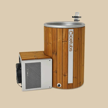 Stainless steel phone holder with 'ICETUBS' branding on a cold plunge and a light gray background