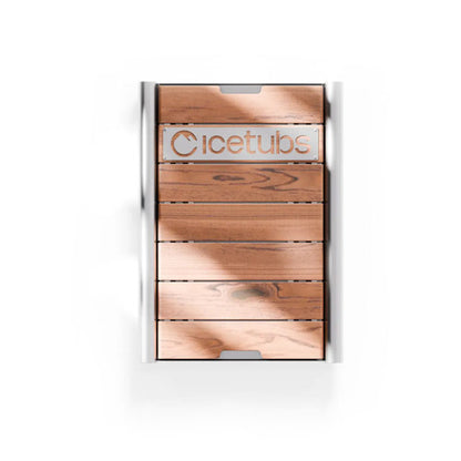 Wooden drip tray with 'Icetubs' branding on a white background