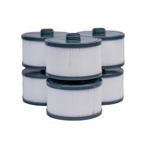 Set of six cylindrical filters with gray tops on a white background