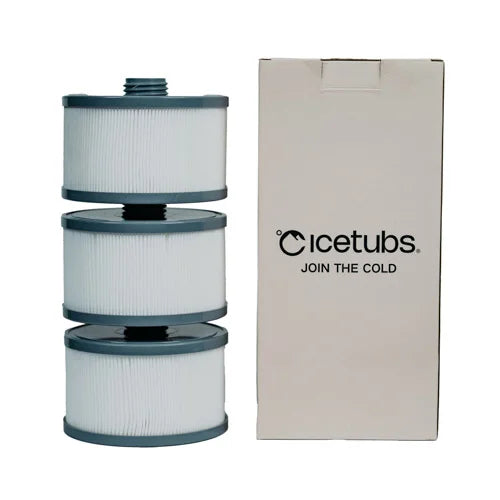 Three cylindrical filters stacked next to a cardboard box with 'Icetubs' branding on a white background.