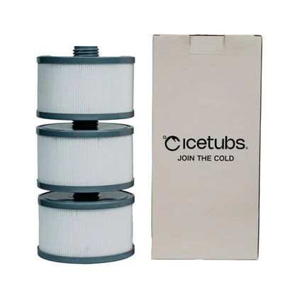 Three cylindrical filters stacked next to a cardboard box with 'Icetubs' branding on a white background.