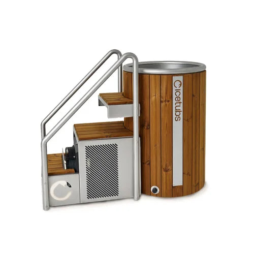 Wooden ice tub with metal staircase and cooler on a white background