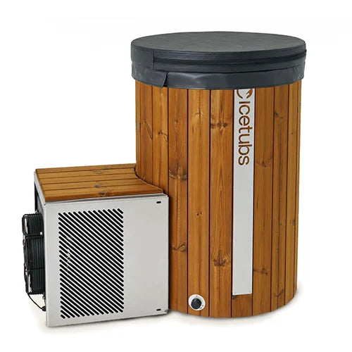 Wooden ice tub with a black lid and a small white cooler on a white background