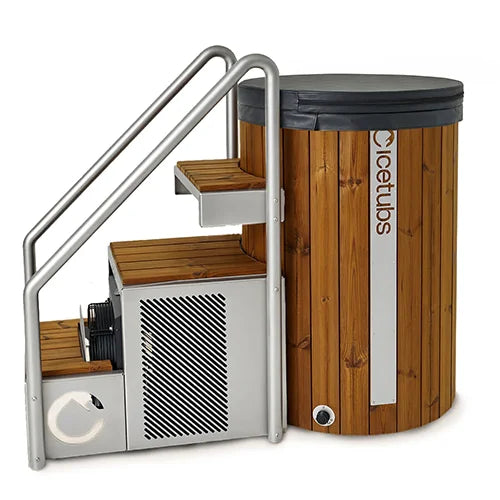 Wooden ice tub with metal staircase and visible brand logo on a white background