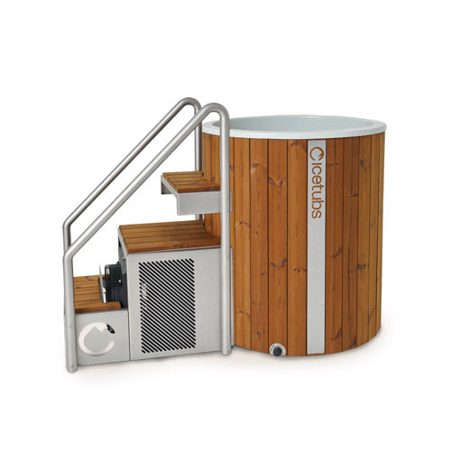 Wooden cold plunge with metal staircase on a white background