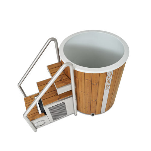 Wooden cold plunge with metal staircase on a white background