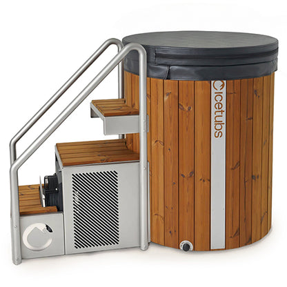 Wooden cold plunge with metal staircase and lid on a white background