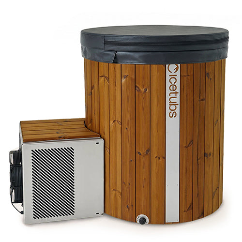 Wooden cold plunge with a black lid on a white background
