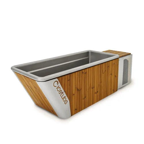 wooden cold plunge with stainless interior on white background