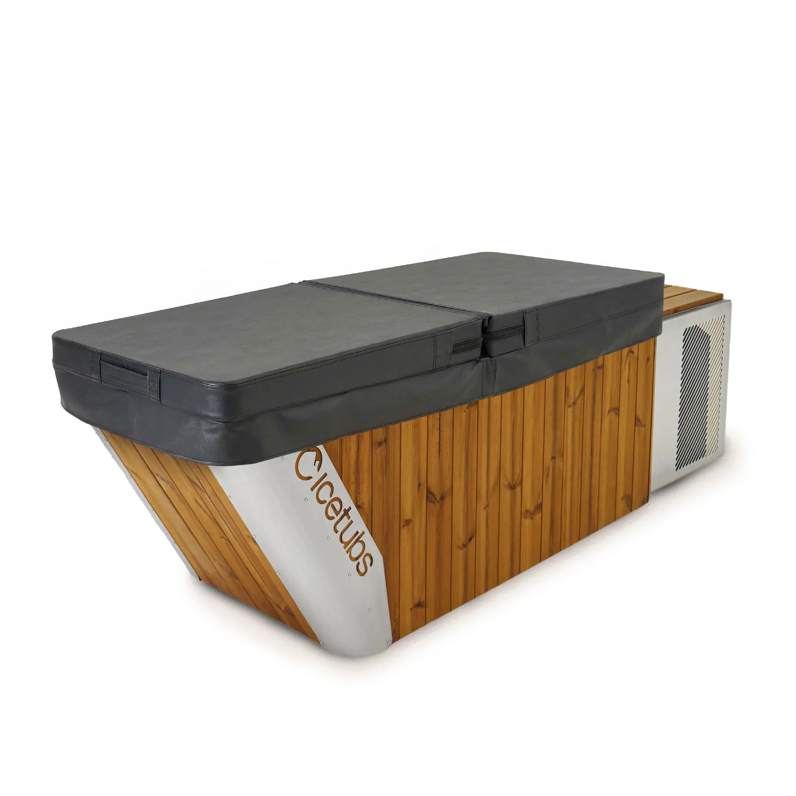 Wooden cold plunge with a black top on a white background