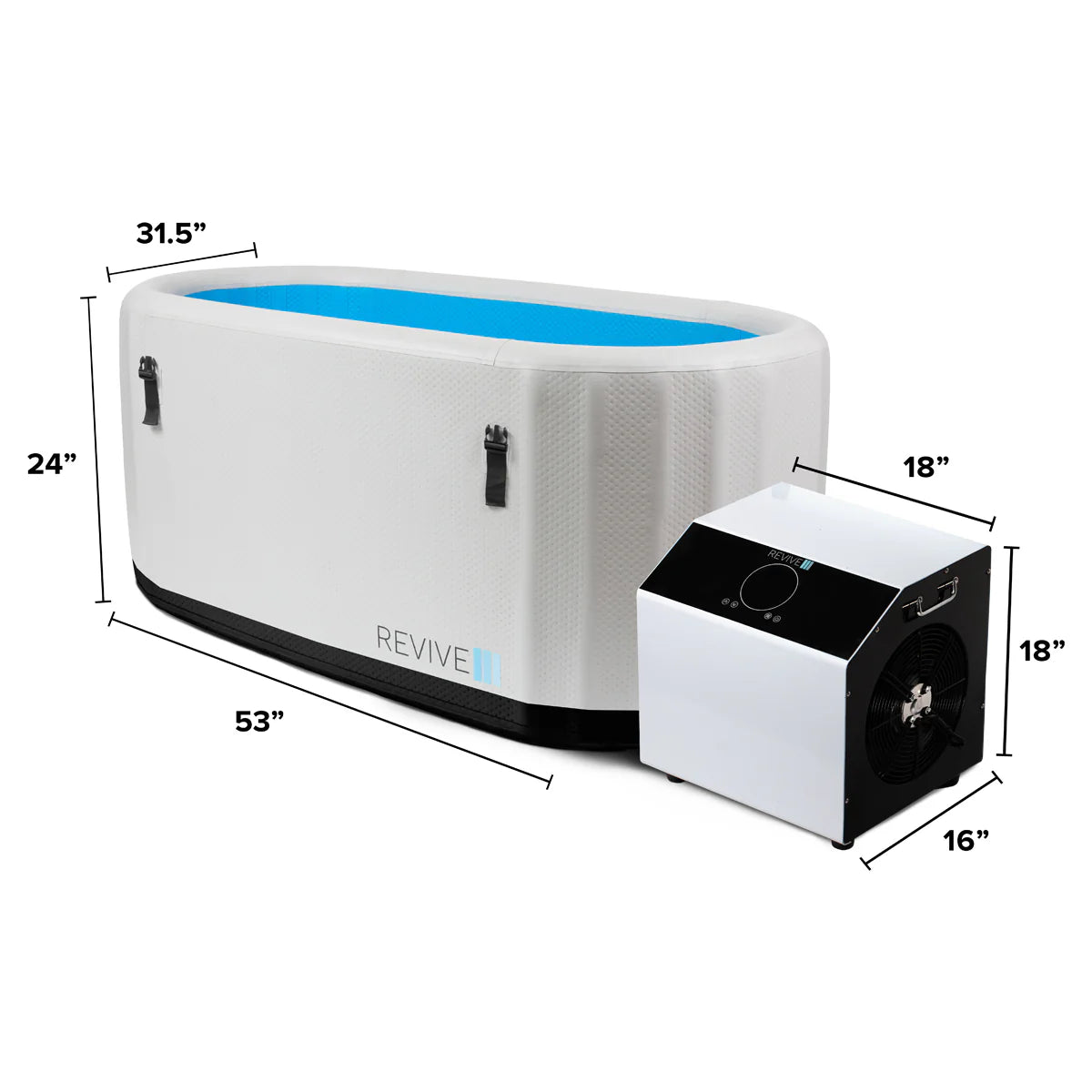 Cold tub and chiller with dimensions labeled on a white background