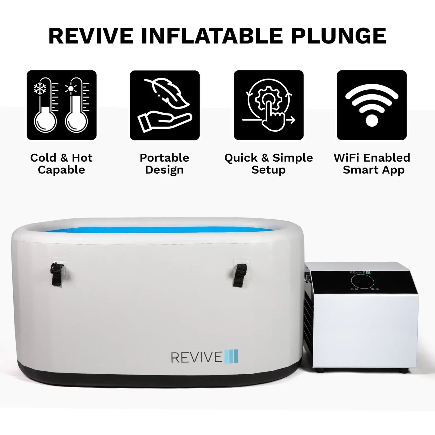 Revive inflatable plunge with features listed on a white background