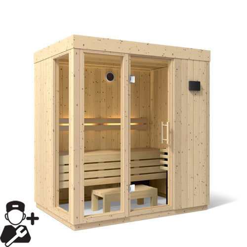 Wooden sauna with interior details on a white background