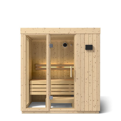 Wooden sauna with interior lights on a white background