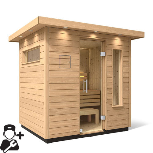 outdoor wooden sauna on white background with installation