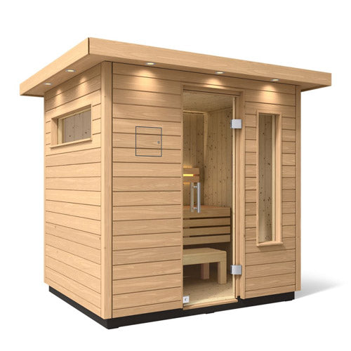 outdoor wooden sauna on white background