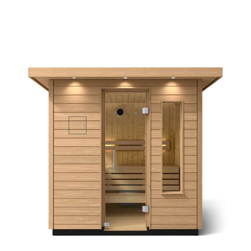 outdoor wooden sauna on white background