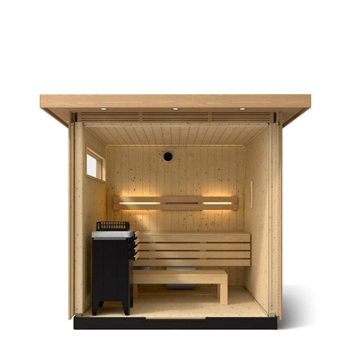 outdoor wooden sauna on white background