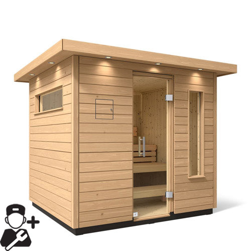 outdoor wooden sauna on white background with installation