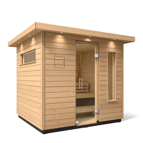 outdoor wooden sauna on white background