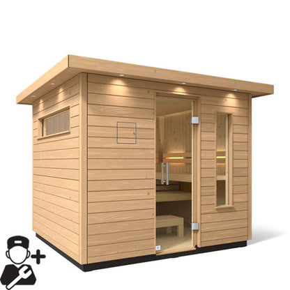 outdoor wooden sauna on white background with installation