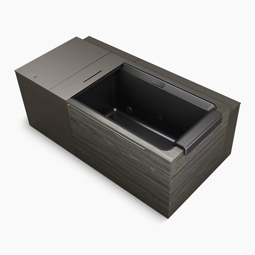 Black rectangular cold plunge with a lid on a white background