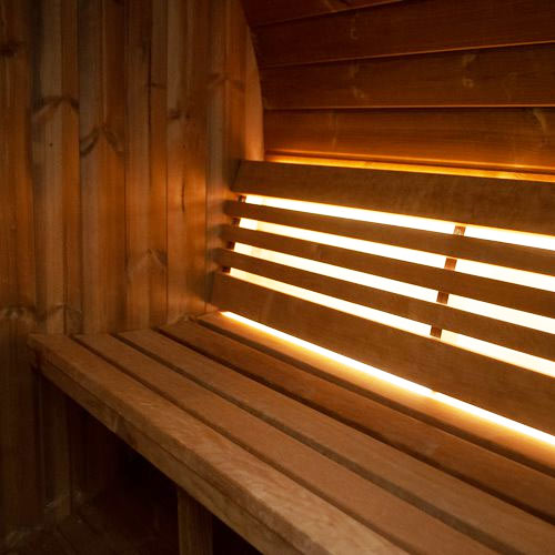 wood bench inside a sauna