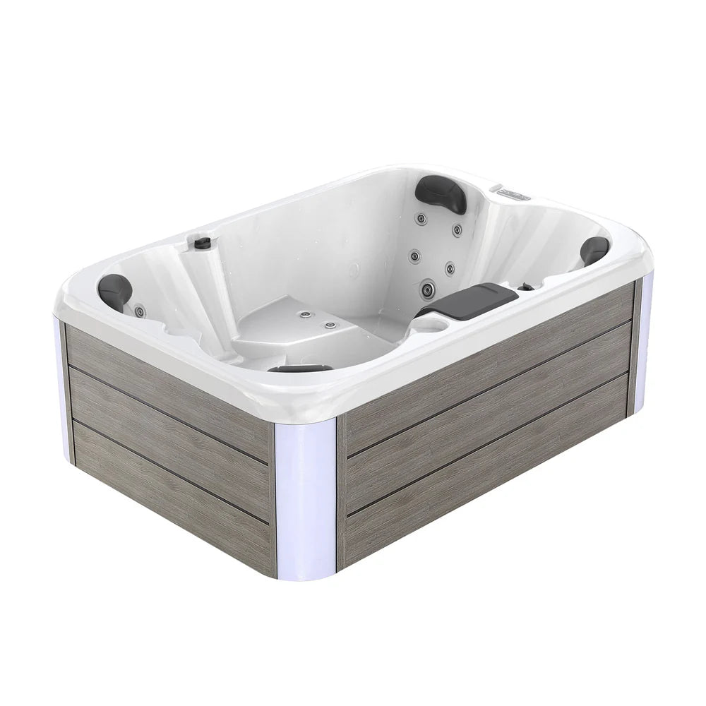 Hot tub with wooden exterior and white interior on a white background