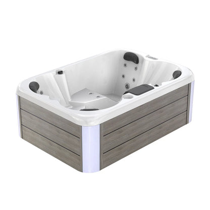 Hot tub with wooden exterior and white interior on a white background