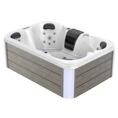 Hot tub with wooden exterior and white interior on a white background