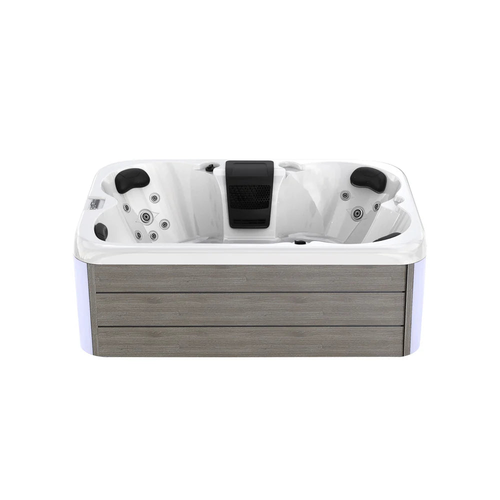 Hot tub with white interior and wooden exterior on a white background