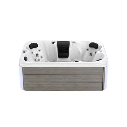 Hot tub with white interior and wooden exterior on a white background