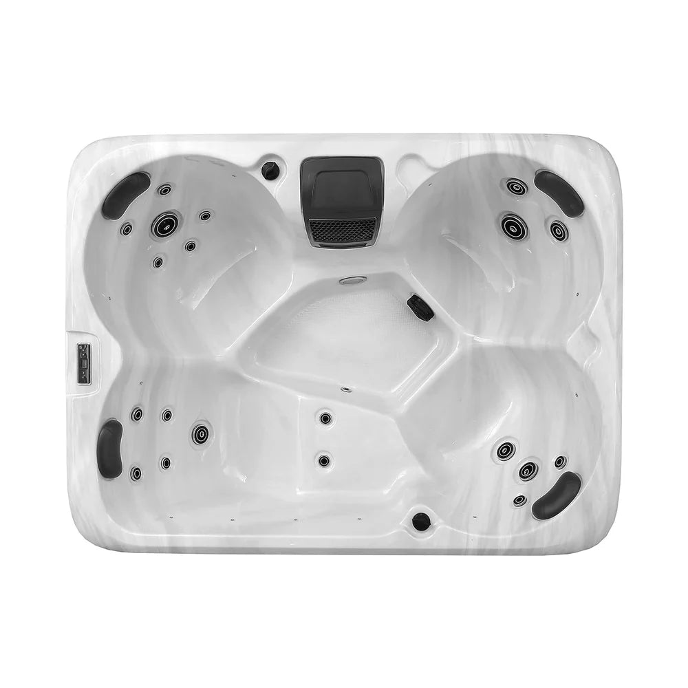 White hot tub with black jets on a white background