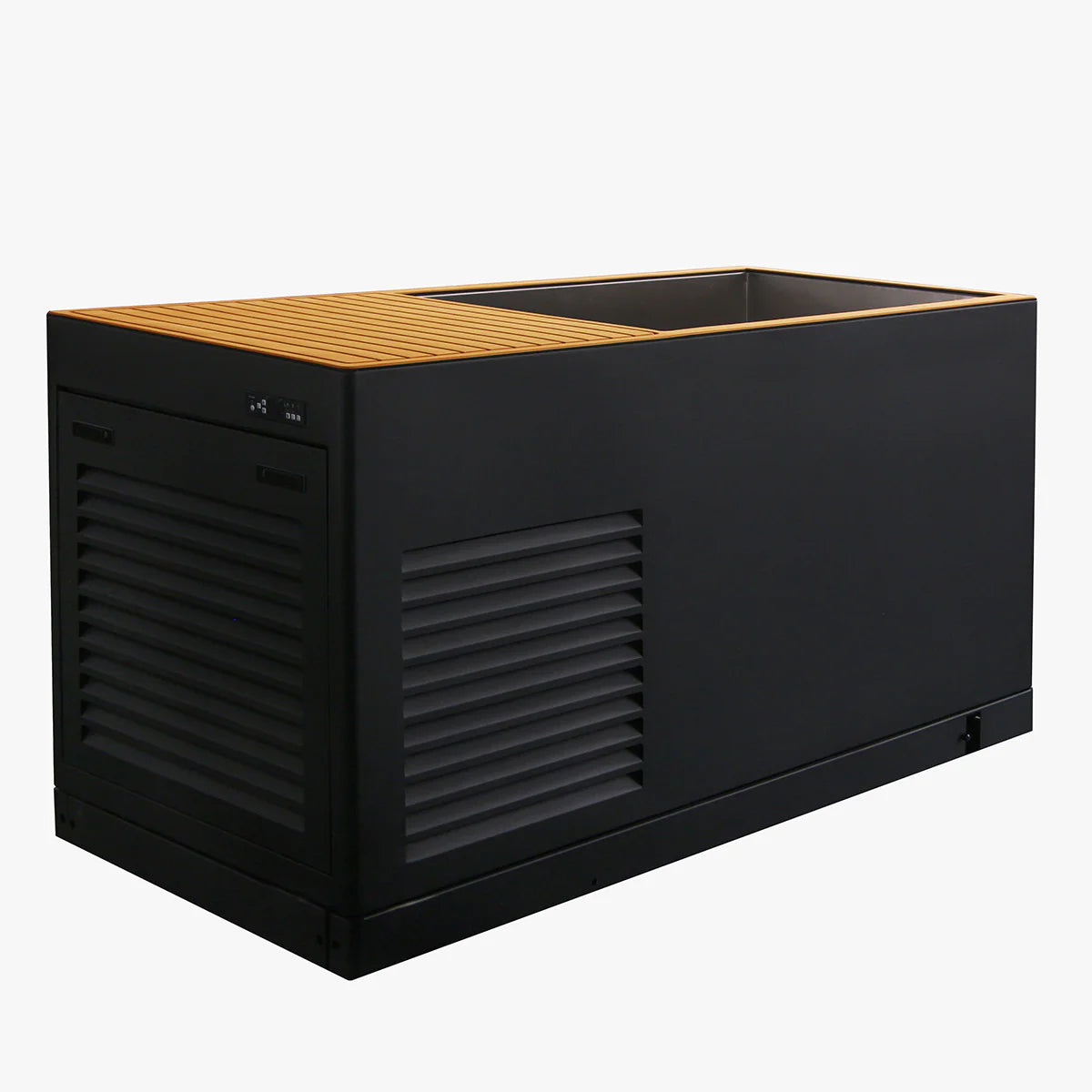 Black outdoor storage Cold tub  with wooden top on a white background