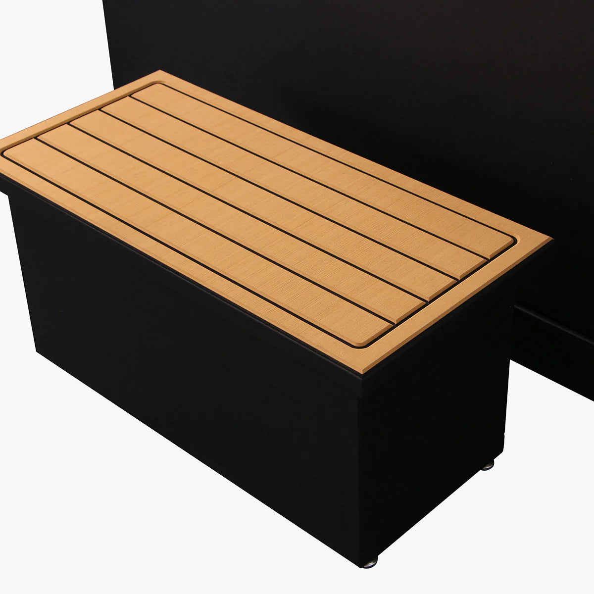 Black bench with a wooden top on a white background