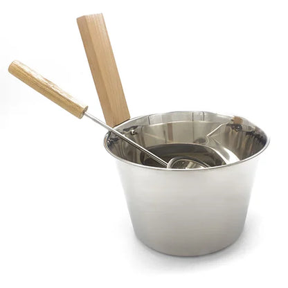 Metal bucket with wooden handles on a white background