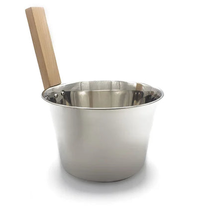 Stainless steel bucket with wooden handle on a white background