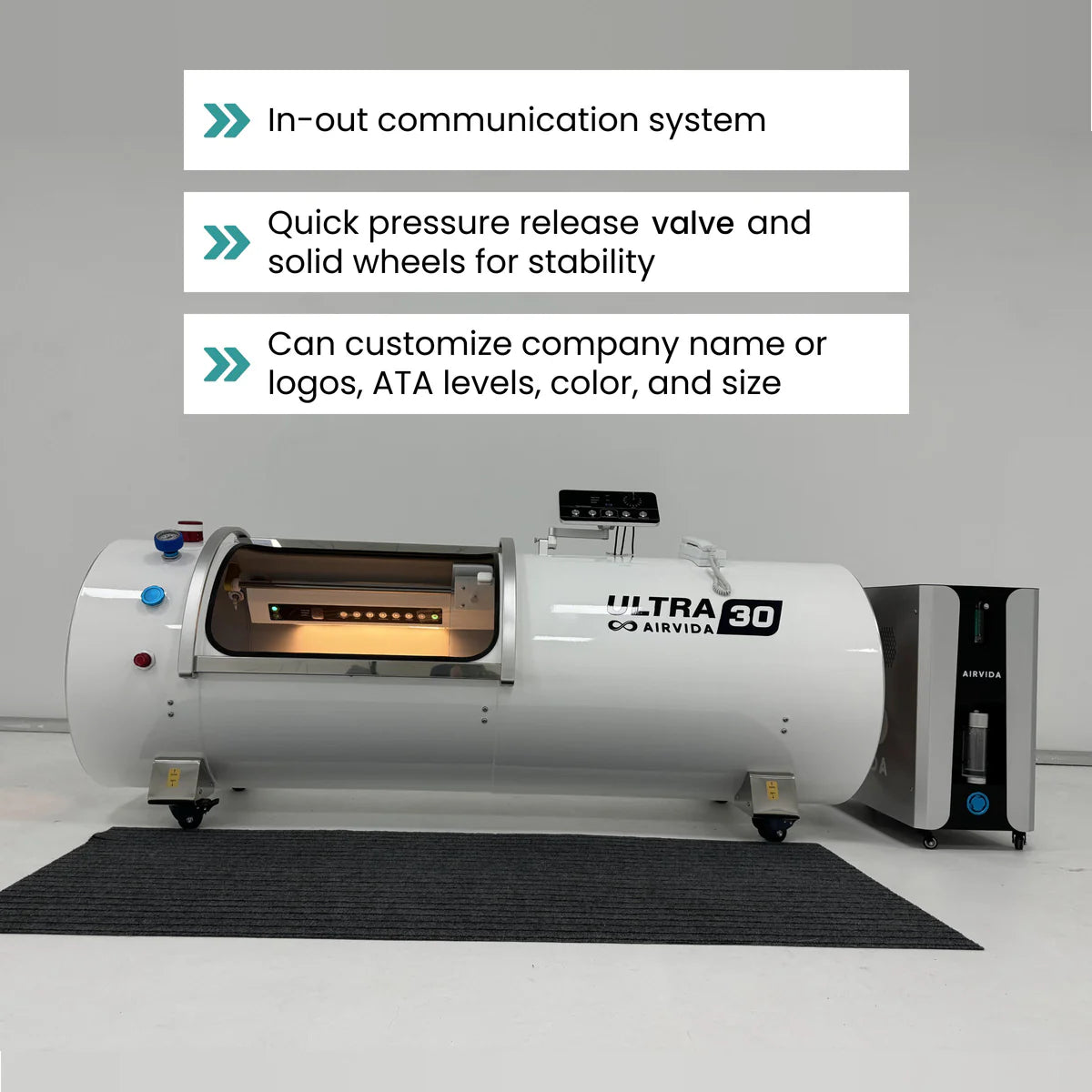 White hyperbaric chamber with features listed on a gray background