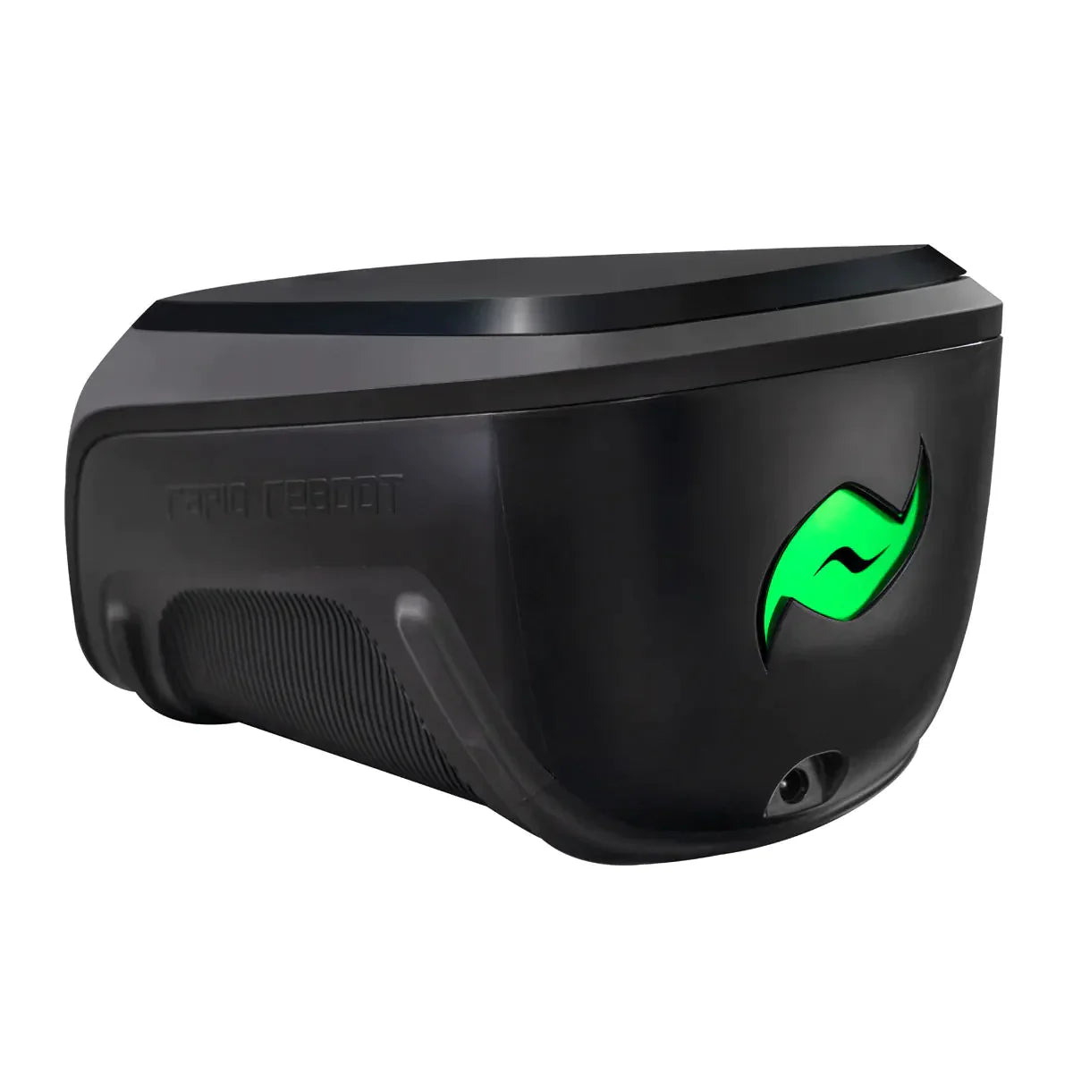 Black electronic device with a green logo on a white background - side view