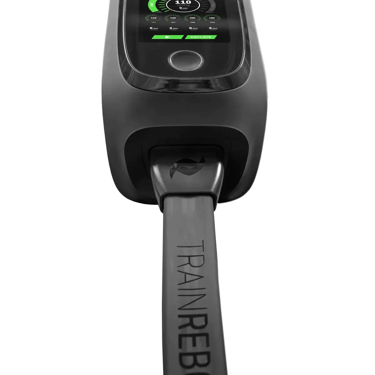 Black cable connector and control unit with digital display on a white background