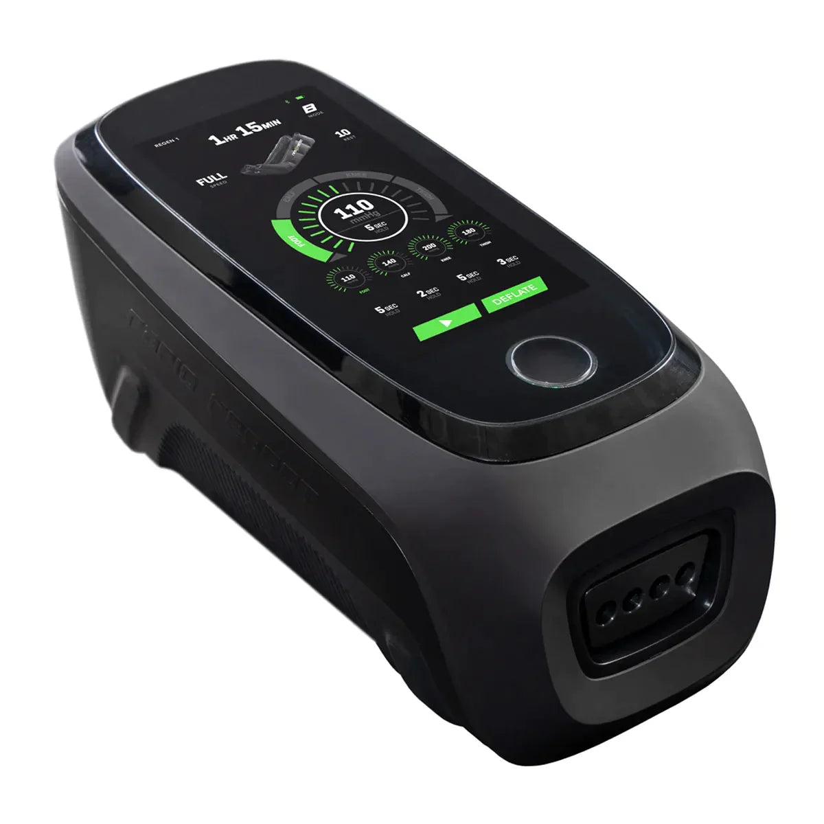 Black electronic device with digital display on a white background